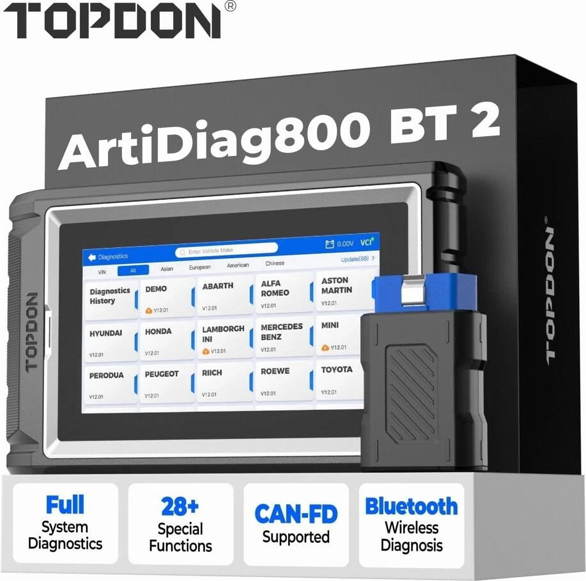 TOPDON ArtiDiag800 BT 2 dispositivo y empaque
