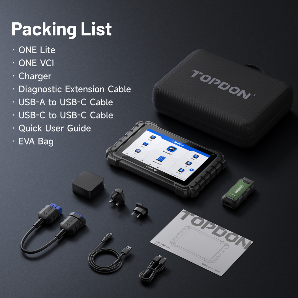 TOPDON ONE Lite – Escáner Automotriz 10.1″ J2534, Topología, CAN FD y DoIP – equipamiento