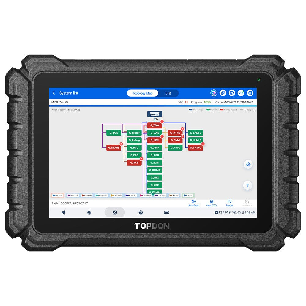 TOPDON ONE Lite – Escáner Automotriz 10.1″ J2534, Topología, CAN FD y DoIP – funciones